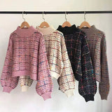 2021 Autumn Winter New Plaid Sweater Women Korean Lazy Wind Short Loose Casual Checkered Sweater Lantern Sleeve Pullovers