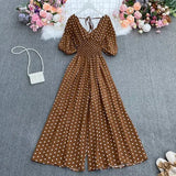 dot holiday casual wide leg jumpsuits V Neck Puff Sleeve Waist Elastic Rompers loose beach long