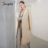 Simplee Fashion female winter windproof jacket Casual sashes women winter parka Long straight coat with rhombus pattern
