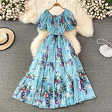 Summer Women Floral Chiffon Dress Vacation Beach Vestidos Female Elegant Slash Neck High Waist A-Line Midi Robe Bohemian