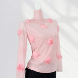 Toloer French Lace Undershirt Female Rose With Long-Sleeved T-Shirt Three-Dimensional Flower Mesh Advanced Sense