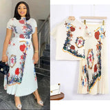 Fashion Set Women's Summer French High-Grade Folding Print Short-Sleeved Top + Loose A Word 100-Fold Long