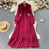 Beach Red Maxi Dress Women Elegant Hollow Out Korean Holiday Split Dress Female Casual Long Sleeve Fairy Party