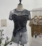 Shooting Of The Edge Of The Denim Splicing Tie Dye Mesh Repair Irregular Two Short-Sleeved Top T-Shirt