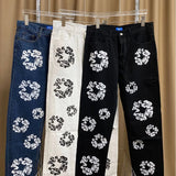 Autumn New High Street Flower Printed Jeans For Men And Women With High Waist And Thin Casual Trousers-Outfit