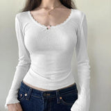 Lace Trim White Ribbed Knit Top-Outfit