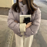 Korean Small Standing Collar Short Cotton Clothing Women's Winter 2024 New Sweet Bump Color Loose Bread Coat-Outfit