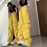 Toloer Speed Dry Cargo Pants Female Stereo Pocket High Waist Straight Tube Wide Leg Ribbon Loose Casual Floor