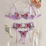 Purple Butterfly Embroidery Lingerie Set-Outfit