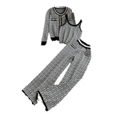 Toloer Suit Female Round Collar Jacquard Cardigan Coat Vest Three-Piece High Waist Slim Straight Wide Leg