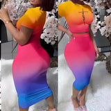 Toloer Women's Round Collar Short-Sleeved T-Shirt Wrapped Hip Skirt Print Leak Umbilical Slim Sexy