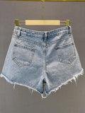 Women's Short Jeans High Waist Distressed Diamonds Tassel Loose Wide Leg Luxury Denim Shorts 2024 Summer Fashion 29L1776-Outfit