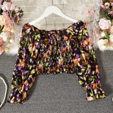 one-shoulder floral lace tie ruffled chiffon shirt female pleated was thin puff sleeve bottoming