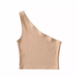 Toloer Autumn / Winter Ebay Sleeveless Diagonal Shoulder Vest Female Ins Fashion Wear A Slim Open Shoulder Short Crop Top-Outfit