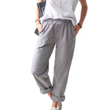 Linen Trousers Solid Color Elastic High Waist