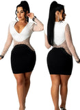 Winter Sexy Black and White Contrast Beaded V-neck Long Sleeve Bodycon Club