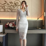 Han Queen New Bodycon Lace Dress Women V-Neck Hollow Out Spring Autumn Pencil Vestidos Knee-Length Casual Party Office Dresses-Outfit