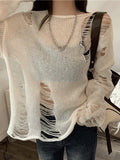 White Long Sleeve Distressed Knit Top-Outfit