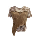 Shooting Of The Edge Of The Denim Splicing Tie Dye Mesh Repair Irregular Two Short-Sleeved Top T-Shirt