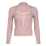 Toloer Girl Wind Lace Stitching Bow Long Sleeve T Shirt Square Collar Pit Strip Slim Solid Color Bottom Top-Outfit