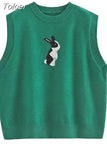Women Sweater Vest Casual O-Neck Simple Sleeveless Harajuku Rabbit Jacquard Vintage Pullover All-Match Knitted Tops