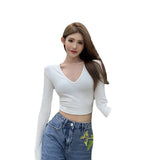 Toloer Women's Short Slim Long Sleeve With Bottom Shirt Autumn 2024 New Sexy V-Neck Collarbone Student Top