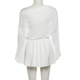 White Sheer Off-shoulder Top And Pleated Mini Skirt Set-Outfit