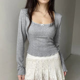 Toloer Girl Split Dense Edge Base Long Sleeve T Shirt Square Collar Wood Ear Bow Slim All-Match Jacket-Outfit