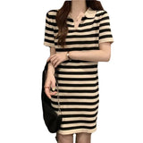 Version Of Temperament Striped T-Shirt Dress Retro POLO Received Waist-Skinny Straight Dress Summer Dress