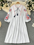 White Boho Vintage Style Hand Embroidered Tunic Mexican Dress Hippie Puebla Retro Hippie Loose