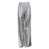Toloer Trend Windproof Women's Pants New Fall 2023 Silver Elastic Waist Loose Straight Leg Show Thin Wide Leg Pants-Outfit