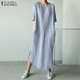 ZANZEA Women O Neck Short Sleeve Sundress Summer Solid Cotton Linen Dress Split Long Vestido Female Robe Casual Party