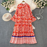 Light Extravagant Temperament Horn Long Sleeved V Collar Loose Thin Single Breasted Printed Dress Elegant Long Skirt-Outfit