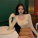 Low-Chested European Version Of The Ins Square Lead Long-Sleeved Knitted Shirt Women Autumn New Oceanic Set-Up