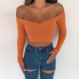Toloer 2024 Winter Women's Long Sleeve One Word Shoulder Slim Crop Short T-Shirt A Hair-Outfit
