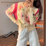 Autumn Winter Cardigan Women'S Sweater Lazy Heavy Industry Stitching Retro Embroidery Flowers Knitted V-Neck Cardigan