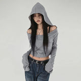 Toloer Girl Waste Dirt Solid Color Off-The-Shoulder Hooded Sexy Knit T-Shirt Female Casual Versatile Loose Long-Sleeved Top-Outfit