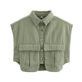 Color Women's Clothing 2025 Spring Solid Color Big Pocket Sleeveless Polo Collared Denim Shirt