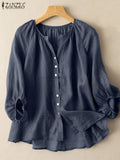 Femme Three Quarter Sleeve O-Neck Oversized Cotton Shirt 2022 ZANZEA Women Summer Solid Color Blouse Fashion Casual Holiday