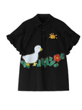 2022 Women's Black T Shirt Short Sleeve Polo-Neck Cute Cartoon Print Tees Spring Summer Tops Korean Fashion Casual
