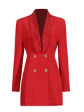 Toloer / Summer 2024 New Fashion Temperament Deep V Collar Heavy Industry Nail Bead Splicing Design To Show Back Women's Suit Jacket-Outfit