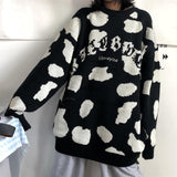 Deeptown Kawaii Cow Spots Sweater Harajuku Vintage Pullover Korean Style Long Sleeve Winter Autumn 2021 Fashion Couple