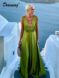 V Neck Silk Long Dress Women Sleeveless Sexy Party Dresses Women Backless Loose Summer Dresses Solid-Outfit
