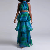 Fashion Hanging Neck Tie Dye Design Fluffy Cake Dress In Autumn