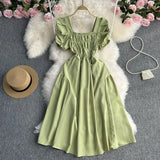 Toloer Vacation Wind French Retro Square Collar Waist Dress Female Summer Design Sense Bubble Short Sleeve Fairy