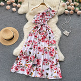 Irregular Ruffled Floral Print Dress Sashes Women Summer 2022 Vacation Slim Fashion Sexy Ladies A Line Long
