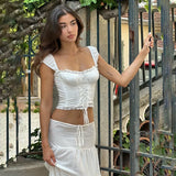 White Lace Tie-Up Top And Maxi Skirt Set-Outfit