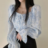 Vintage Square Neck Puff Sleeve Floral Blouse-Outfit
