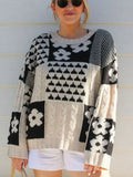 And Winter Sweater Women's Square Flowers Casual Loose Round Collar Knitted
