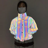 2024 Winter New Short Standing Collar Dazzling Color Reflective Cotton Clothes Women's Fashion Laser Cotton Clothes-Outfit
